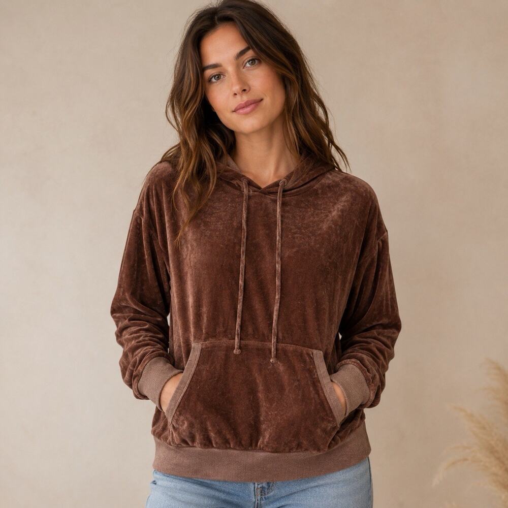 Knox Rose Womens M Chocolate Brown Crushed Velvet Hoodie Earthy Boho NWT